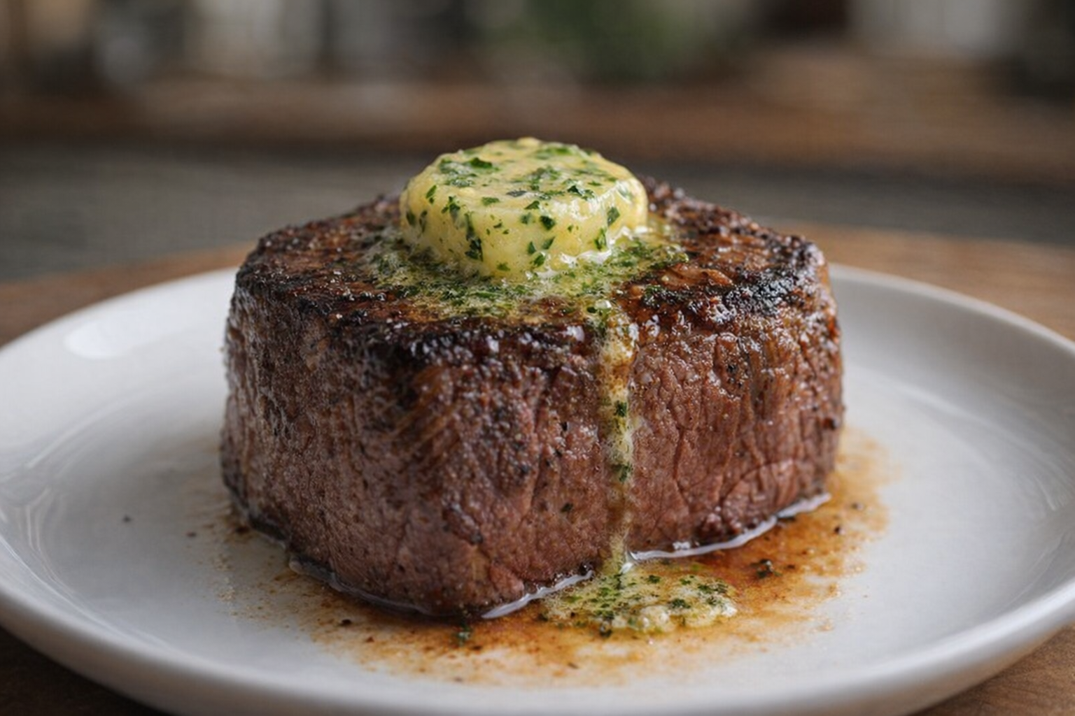 A perfectly cooked filet mignon steak on a white plate, with a pat of herb butter melting on top, studio lighting, shallow depth of field
